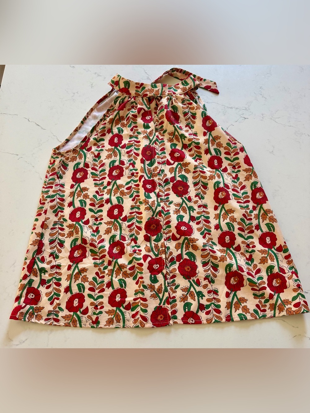 halter top features vibrant red floral vine block-print pattern - tie at neck